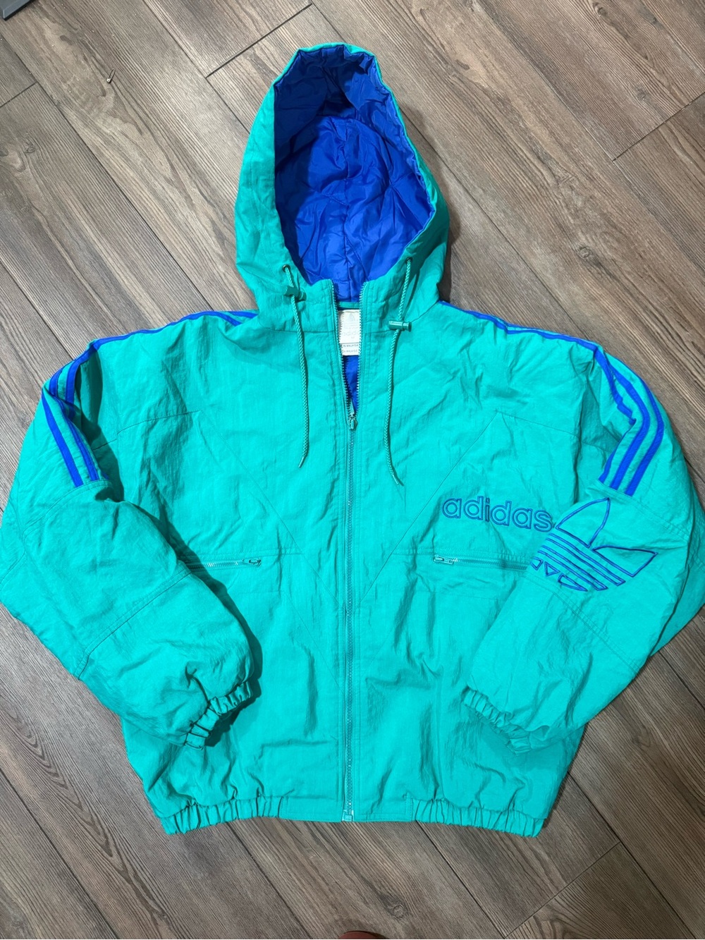 Vintage Adidas Originals Trefoil Puffer Jacket Teal Blue Hooded Coat Men’s M